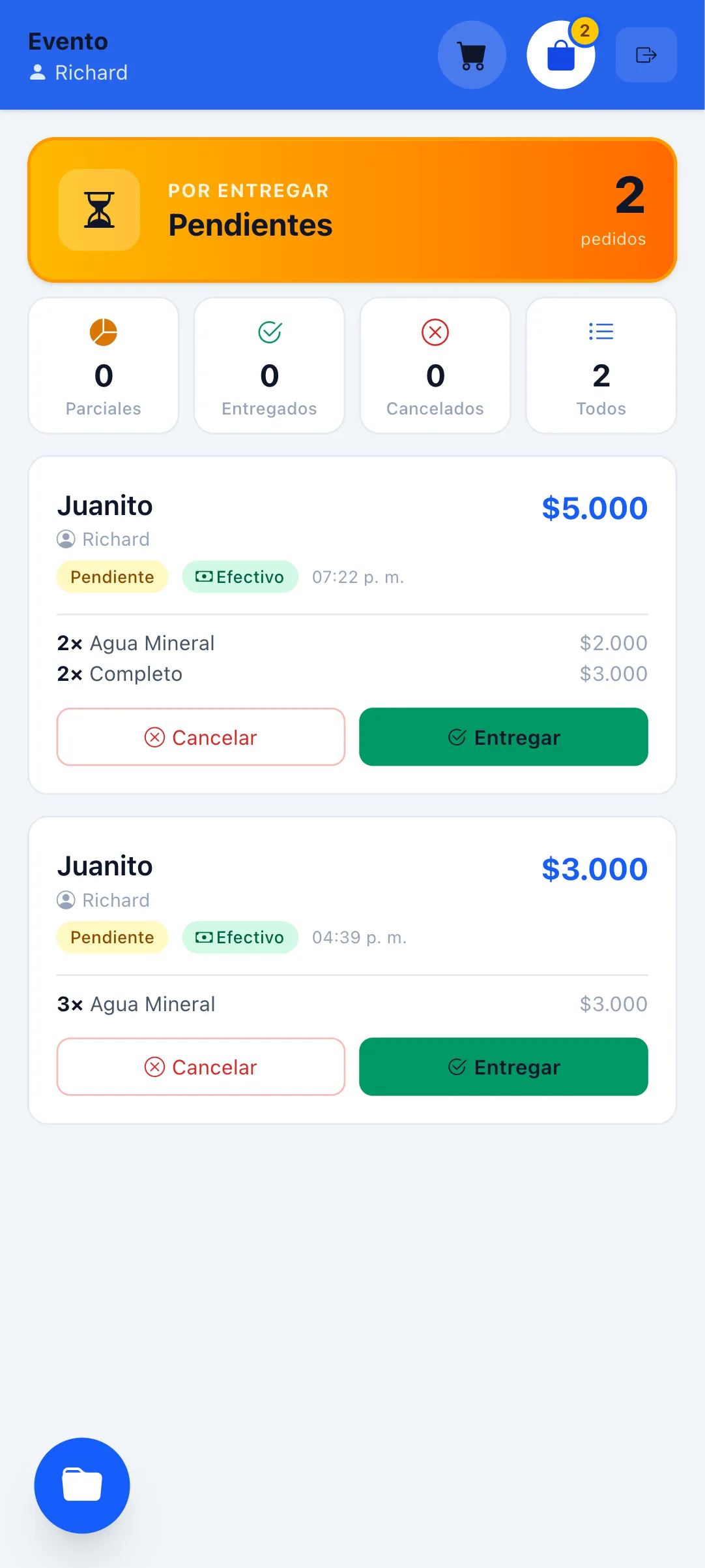 Lista de pedidos pendientes por entregar en el bingo del curso con detalle de productos y forma de pago