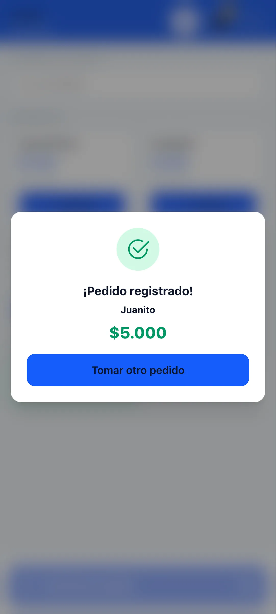 Modal de confirmación de pedido registrado en el bingo del curso con nombre del cliente y monto total