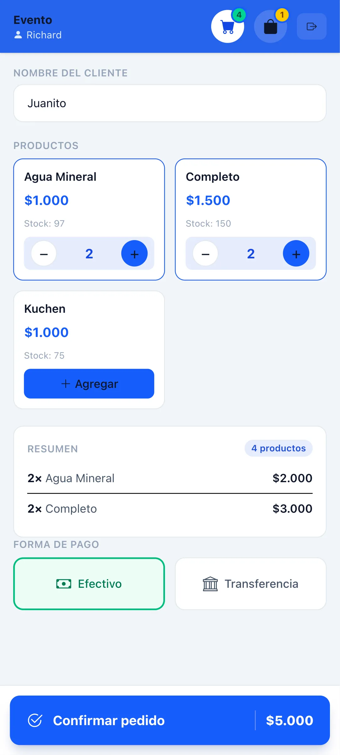 Pantalla del vendedor en el bingo del curso: productos con precio y stock, carrito con resumen, formas de pago efectivo y transferencia
