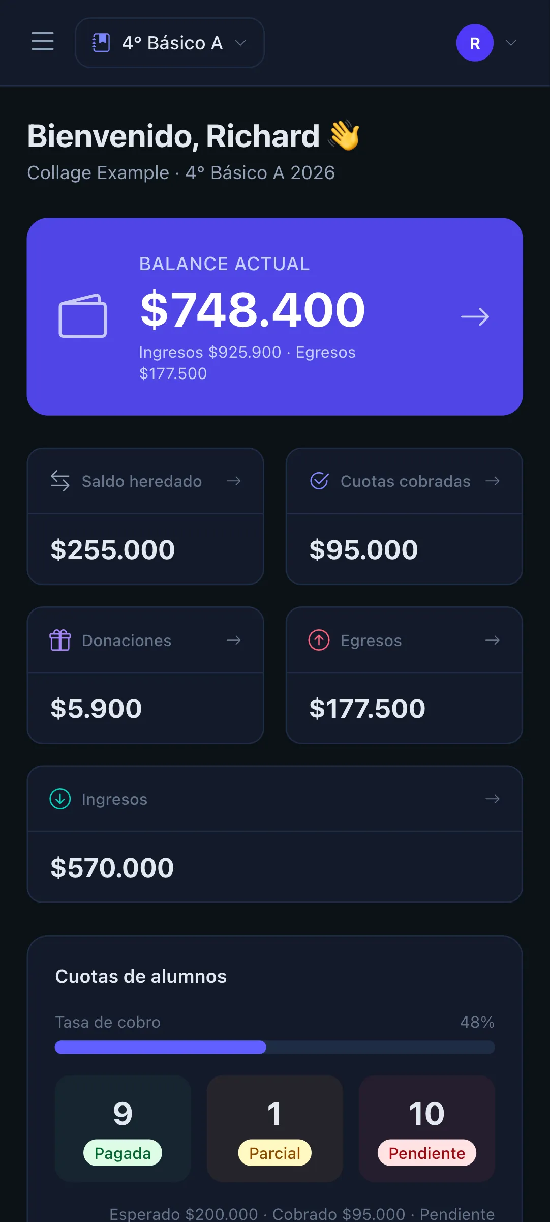 Dashboard de tesorería del curso en modo oscuro con balance, cuotas y egresos