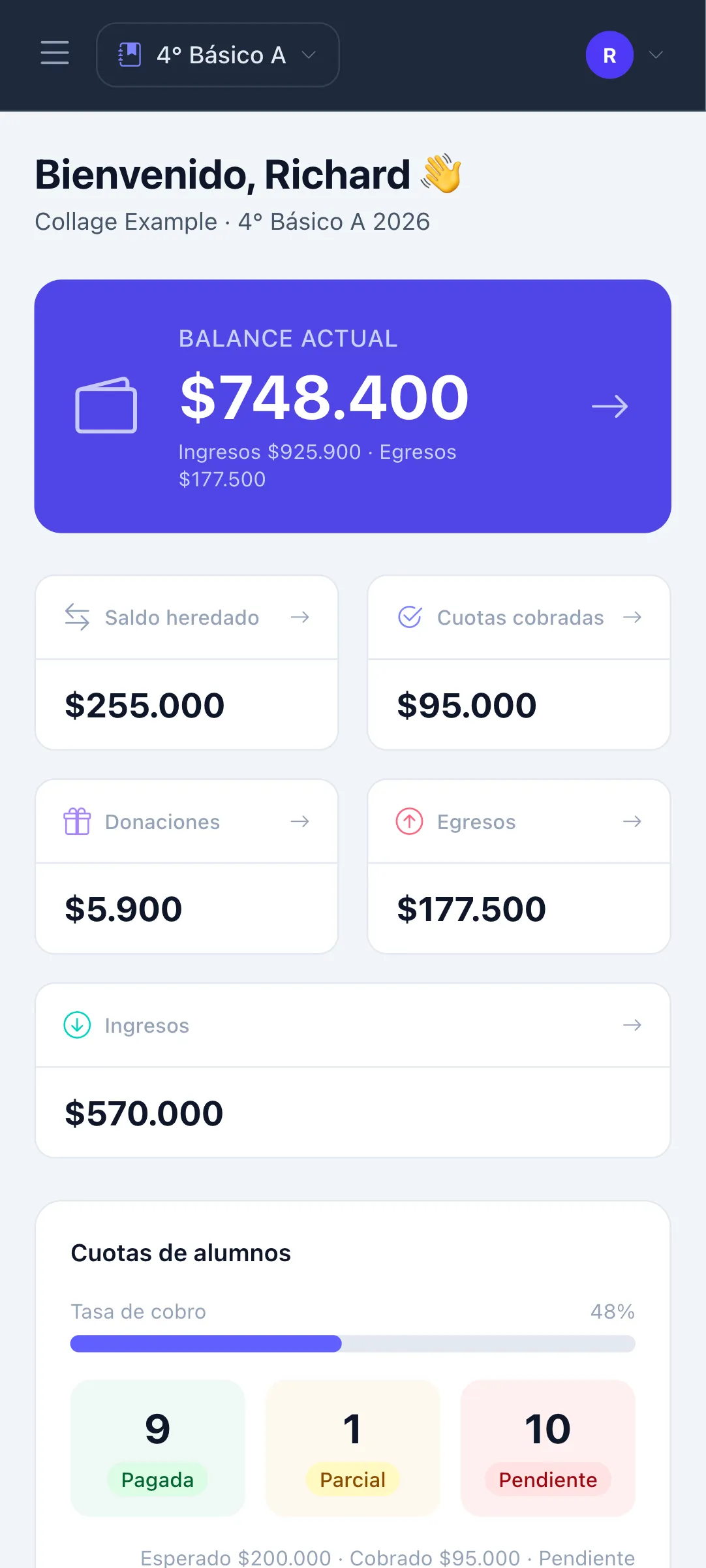 Dashboard de tesorería del curso en Curso Conectado: balance general, cuotas cobradas, saldo heredado, donaciones, ingresos y egresos del curso