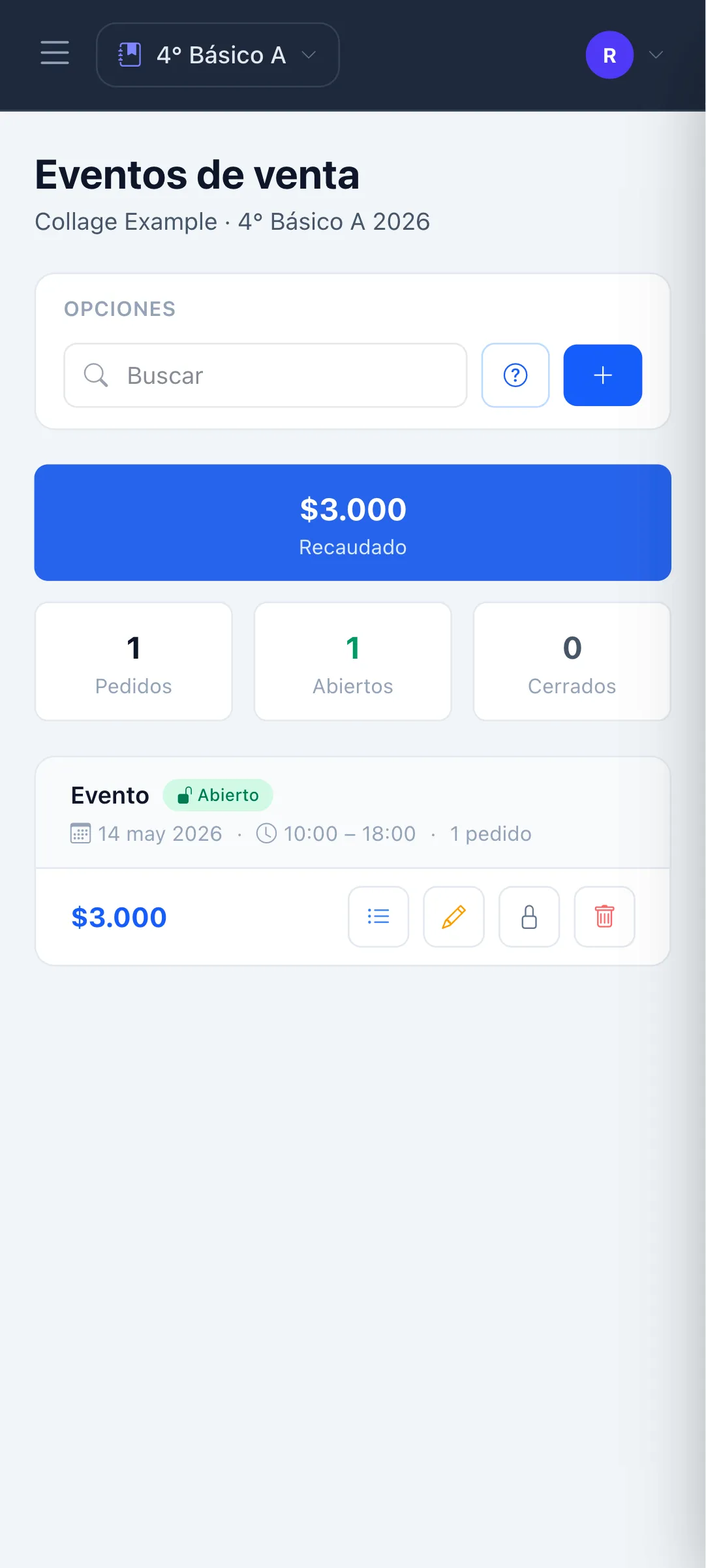 Lista de eventos de venta del curso en Curso Conectado: bingo, completada o anticuchada con total recaudado