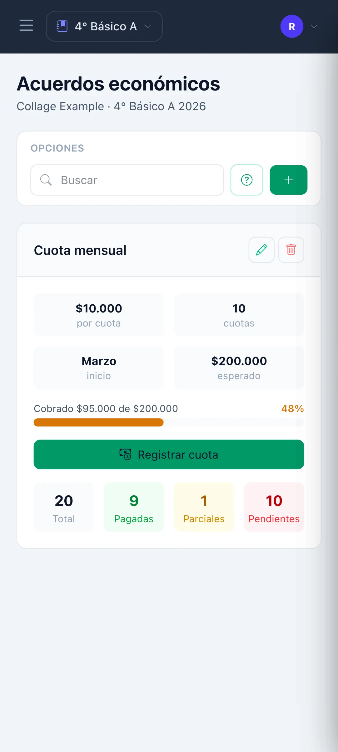 Pantalla de cuotas y acuerdos económicos del curso con alumnos pagados, parciales y pendientes