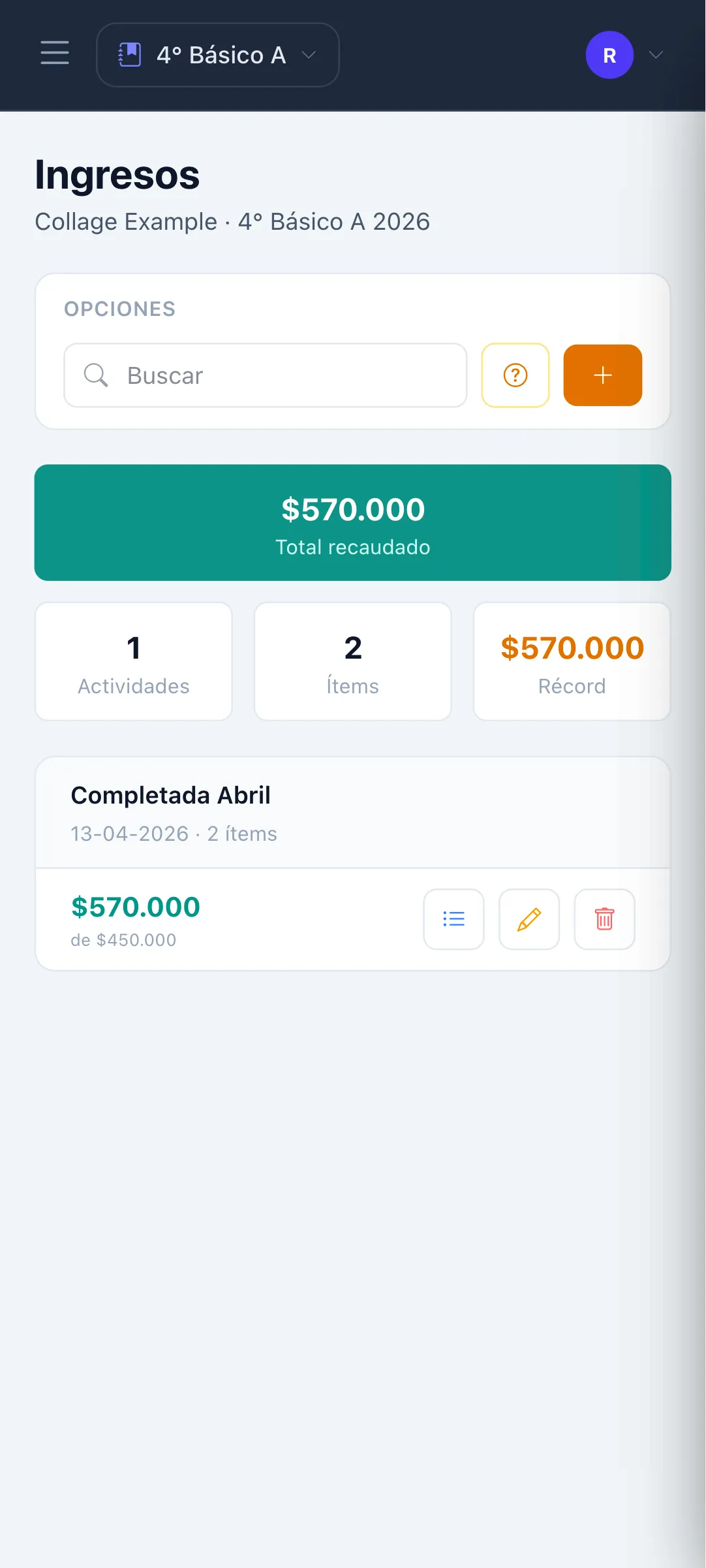 Registro de ingresos del curso escolar: bingo, completada, donaciones y cuotas pagadas