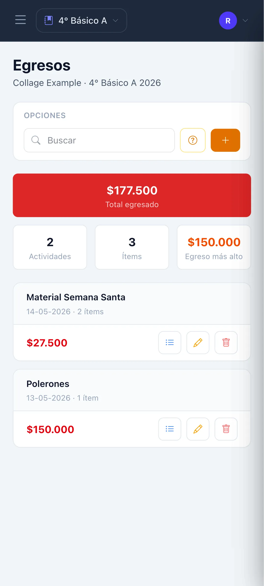 Registro de egresos del curso con boleta de compra adjunta