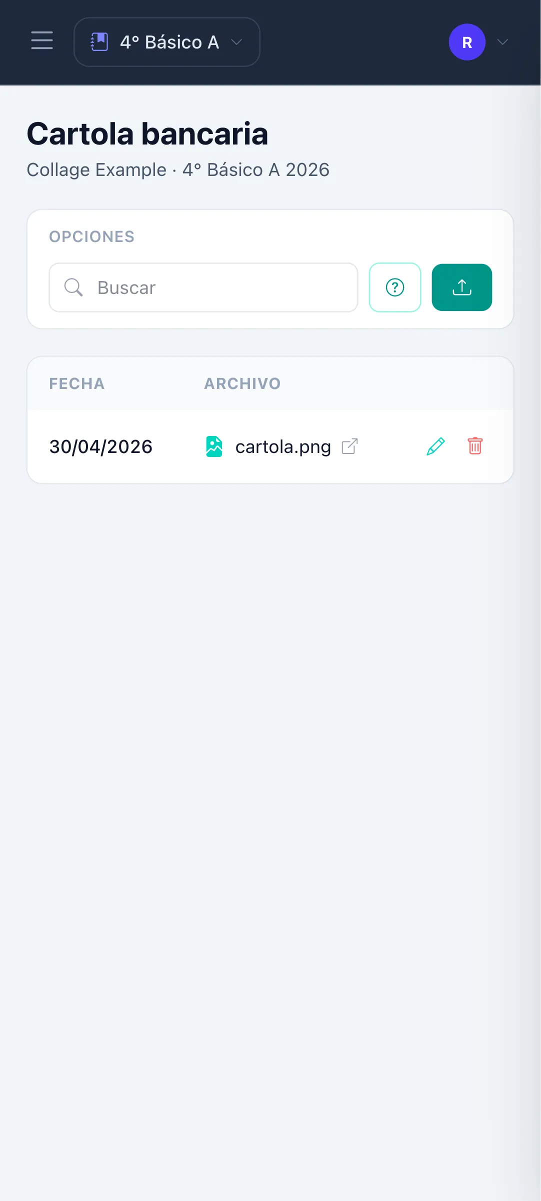 Cartola bancaria del curso subida como respaldo para los apoderados