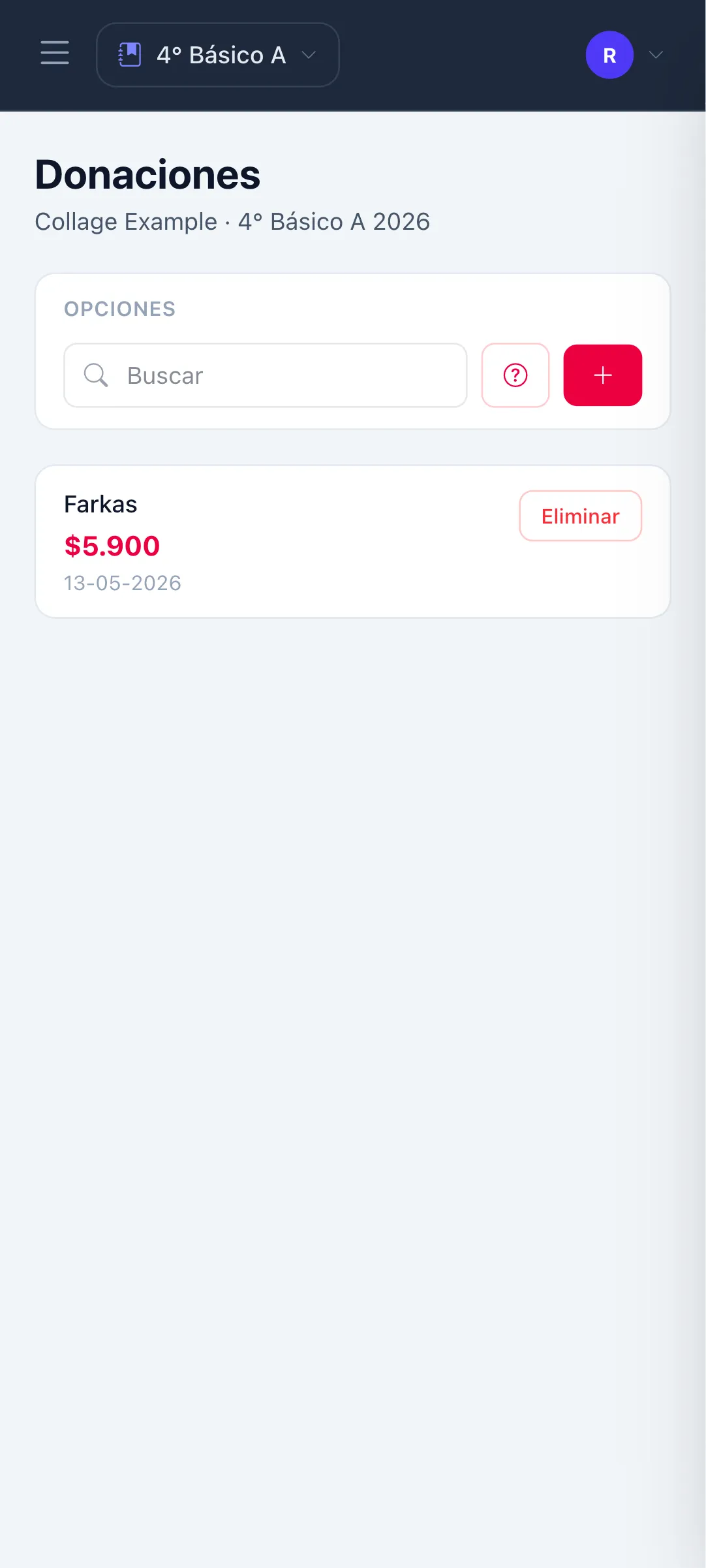 Pantalla de donaciones al curso escolar con nombre del apoderado y monto