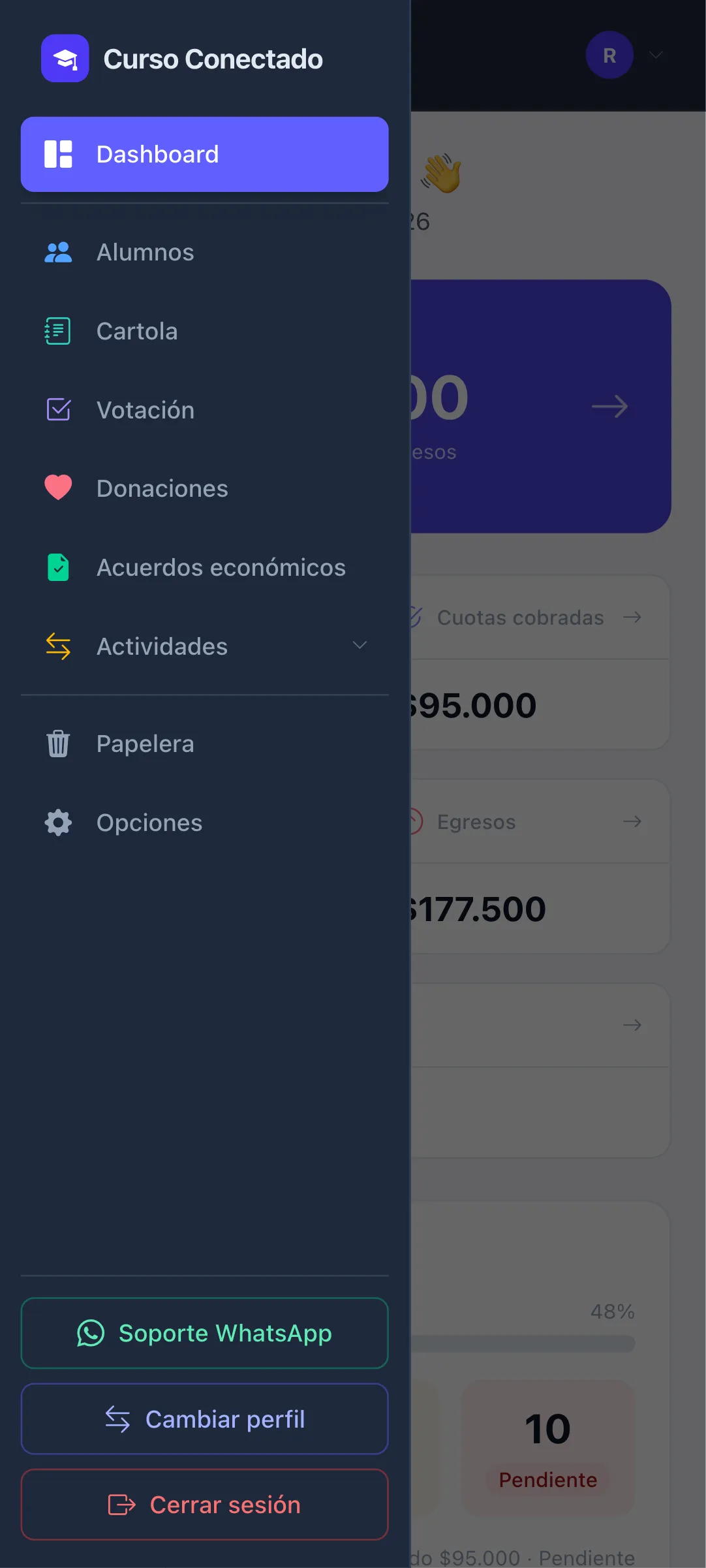 Menú lateral de Curso Conectado con dashboard, alumnos, cartola, votaciones, donaciones, acuerdos, actividades, papelera y opciones