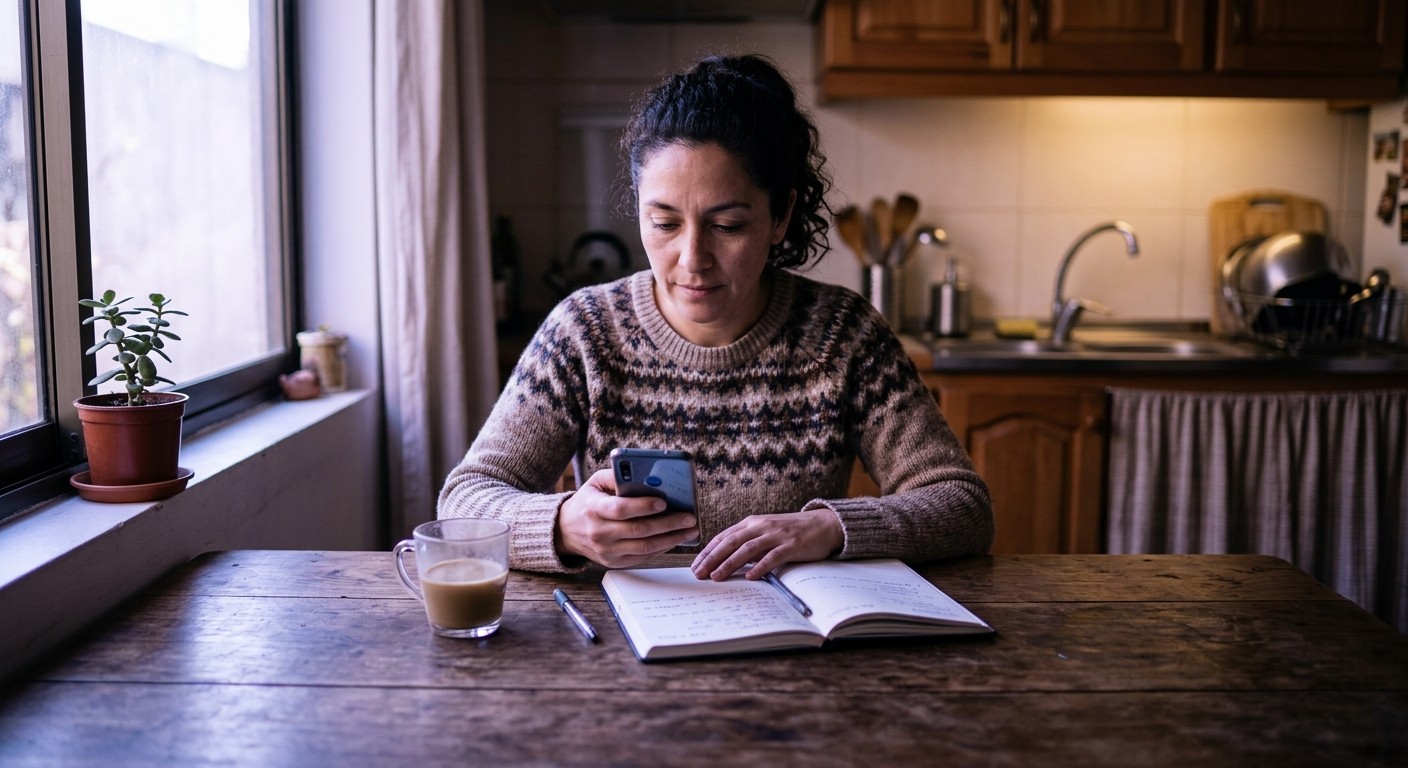 Apoderada revisa el pago de la cuota del curso desde su teléfono en la cocina de su casa.