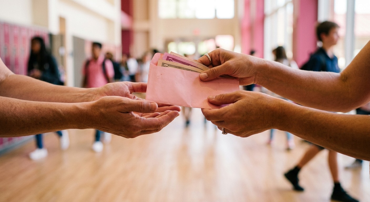 Una apoderada entrega un sobre con dinero como donación para el curso en un pasillo del colegio.