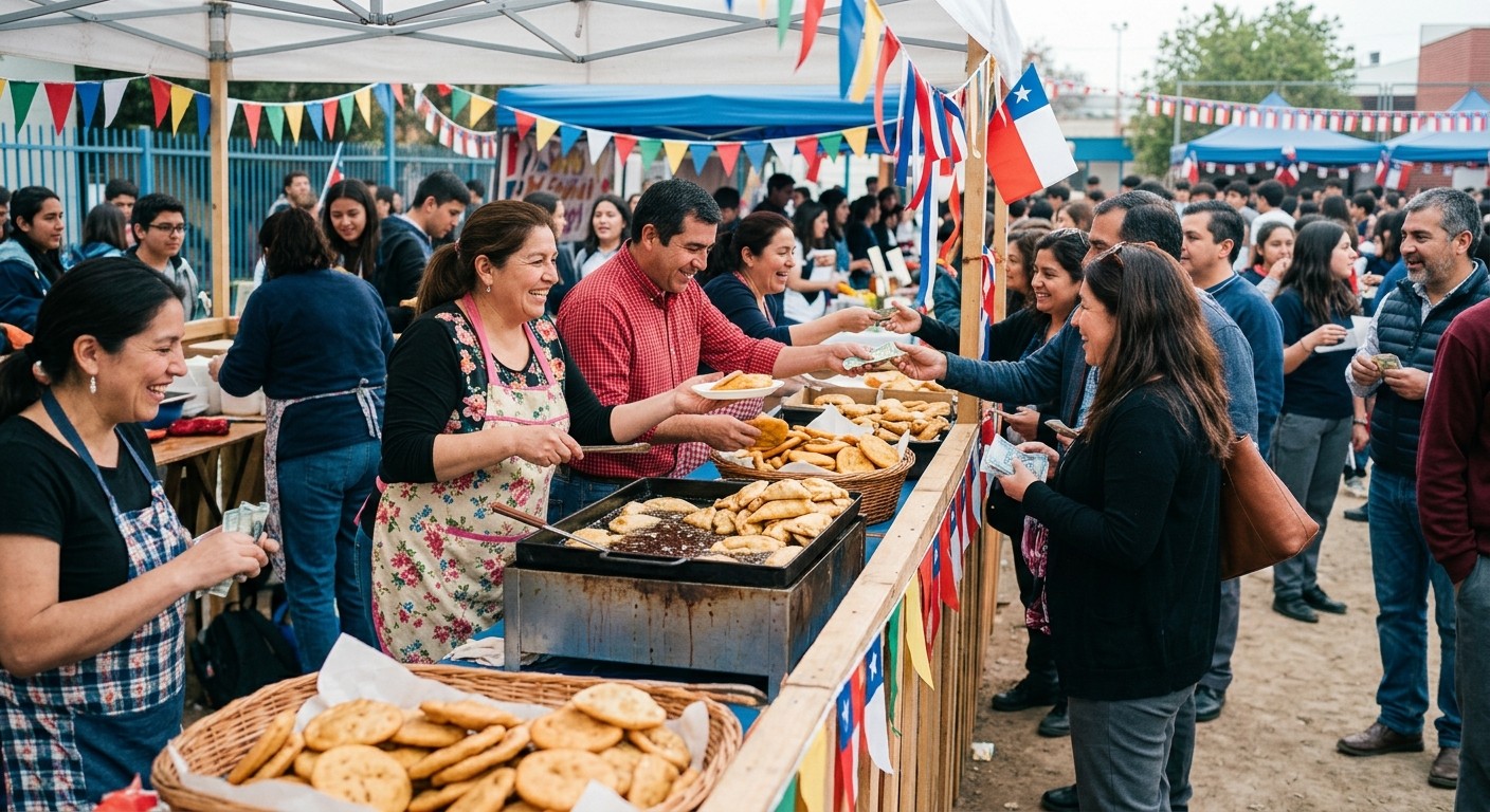 Actividad a beneficio del curso con venta de empanadas y sopaipillas en el patio del colegio.